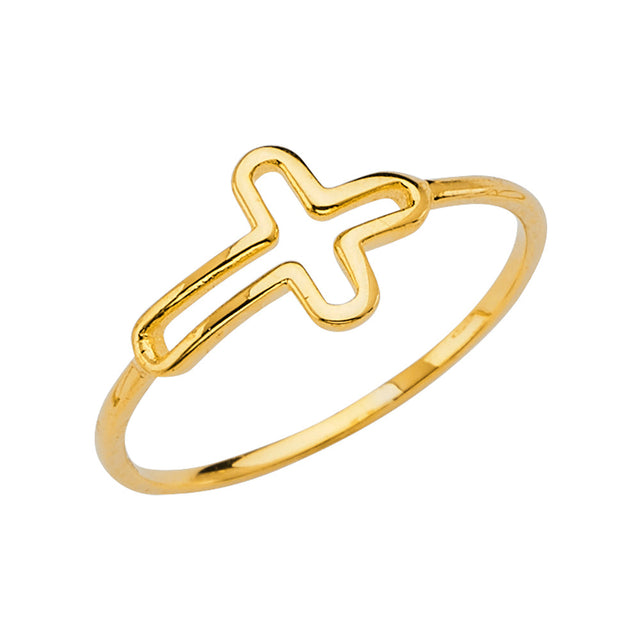 14K Yellow Gold Open Sideways Cross Ring on White Background