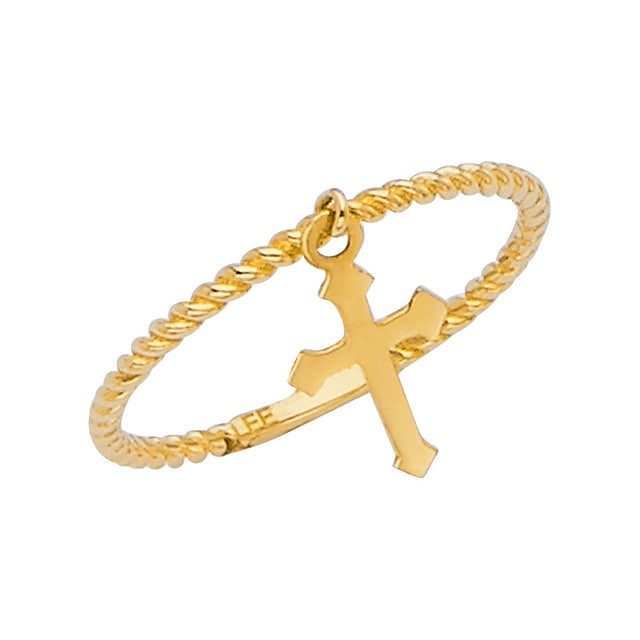 14K Yellow Gold Dangle Cross Ring on White Background