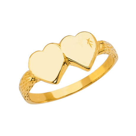 14K Yellow Gold Baby Double Heart Signet Ring on White Background