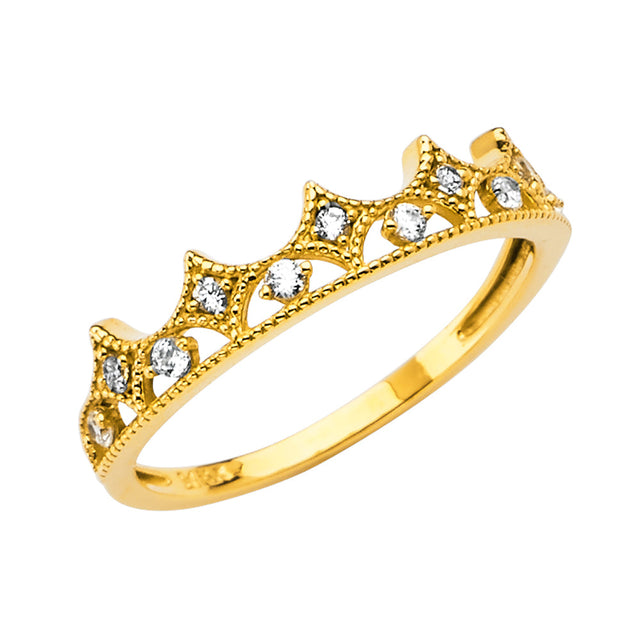 14K Yellow Gold Prong-Set Crown Band Ring on White Background