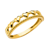 14K Yellow Gold Row of Hearts Beaded Band on White Background
