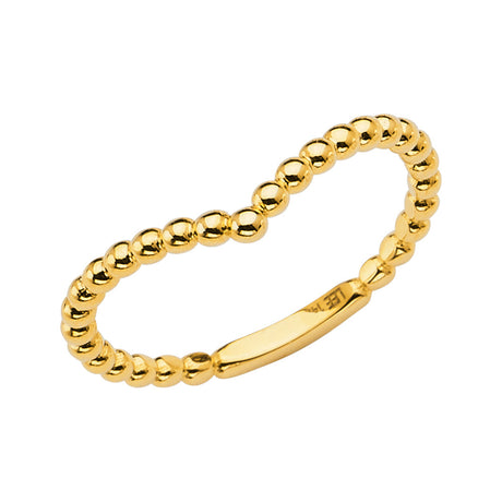 14K Yellow Gold Beaded V-Shape Stackable Band on White Background