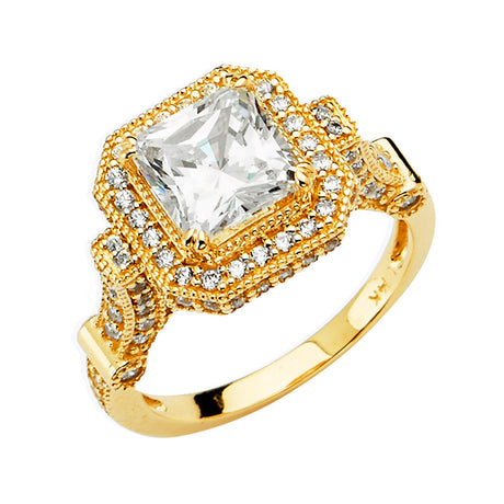14K Yellow Gold Princess Vintage Halo Engagement Ring on White Background