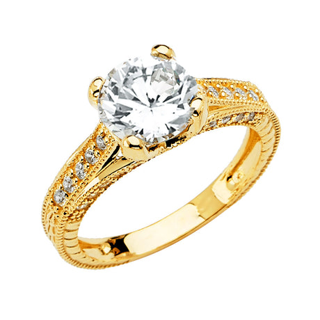 14K Yellow Gold Round Vintage Side Stone Engagement Ring