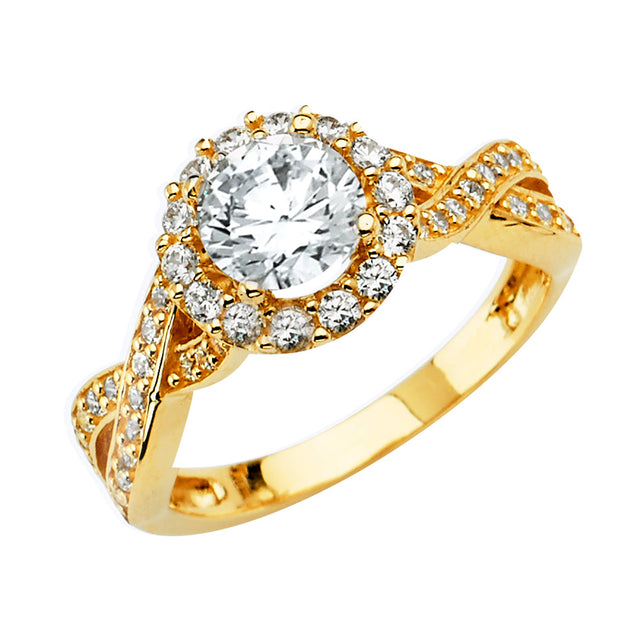 14K Yellow Gold Round Twist Halo Engagement Ring