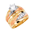 14K Tricolor Gold CZ Pave Wedding Trio Set — Engagement Ring on White Background