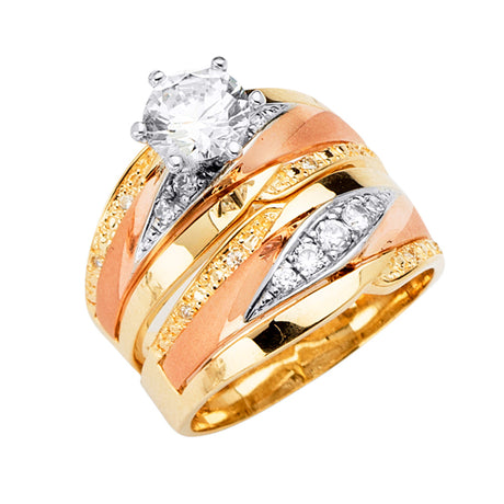 14K Tricolor Gold CZ Pave Wedding Trio Set — Engagement Ring on White Background