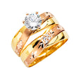 14K Tricolor Gold CZ Heart Wedding Trio Set — Engagement Ring on White Background