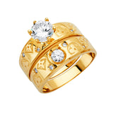 14K Yellow Gold CZ Scroll Wedding Trio Set — Engagement Ring on White Background