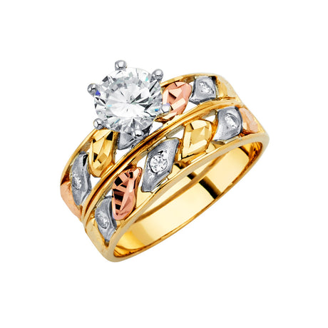 14K Tricolor Gold CZ Infinity Wedding Trio Set — Engagement Ring on White Background