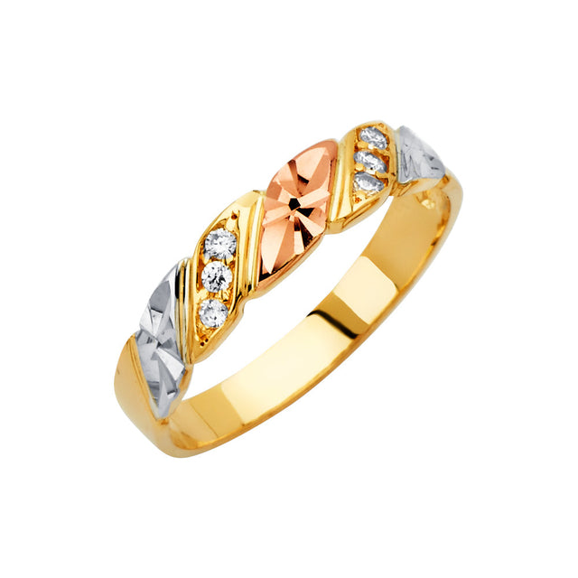 14K Tricolor Gold CZ Crisscross Wedding Trio Set — Men's Wedding Band on White Background