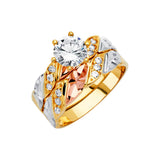 14K Tricolor Gold CZ Crisscross Wedding Trio Set — Engagement Ring on White Background