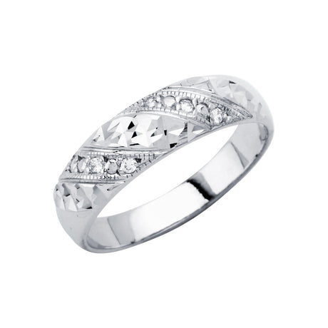 14K White Gold Diamond-Cut & Milgrain CZ Men's Wedding Band