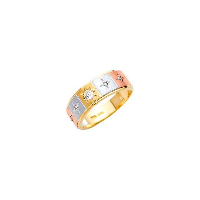 14K Tricolor Gold CZ Star Wedding Trio Set — Men's Wedding Band on White Background