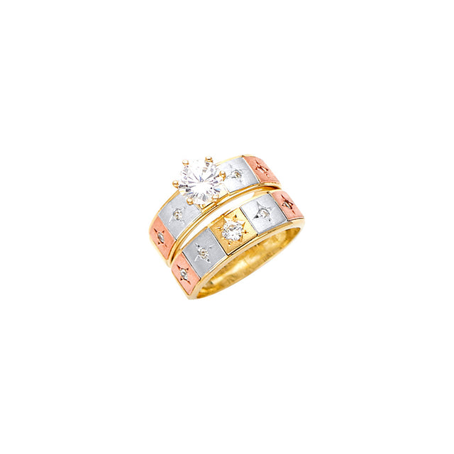 14K Tricolor Gold CZ Star Wedding Trio Set — Engagement Ring on White Background