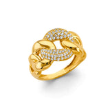 14K Yellow Gold Cuban Link Pave Cubic Zirconia Ring on White Background