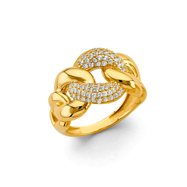 14K Yellow Gold Cuban Link Pave Cubic Zirconia Ring on White Background