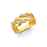 14K Yellow Gold Cuban Link Double Pave Cubic Zirconia Ring on White Background