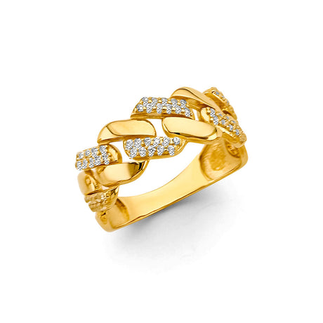 14K Yellow Gold Cuban Link Double Pave Cubic Zirconia Ring on White Background