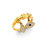 14K Yellow Gold Evil Eye and Hamsa Ring on White Background