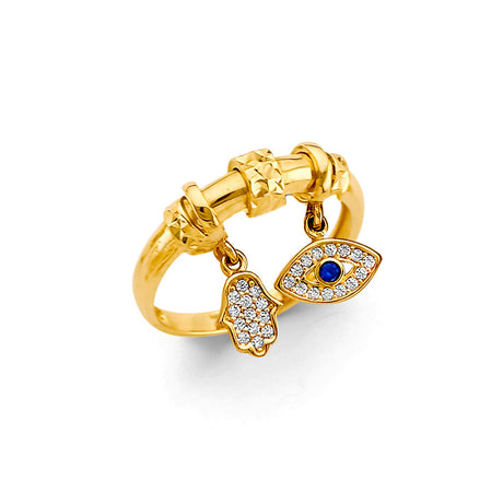 14K Yellow Gold Evil Eye and Hamsa Ring on White Background
