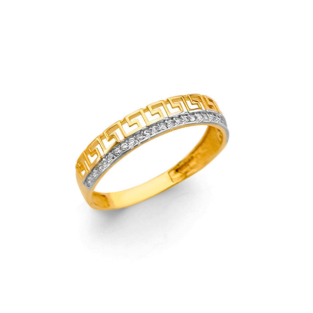 14K Yellow Gold Greek Key Cubic Zirconia Ring on White Background