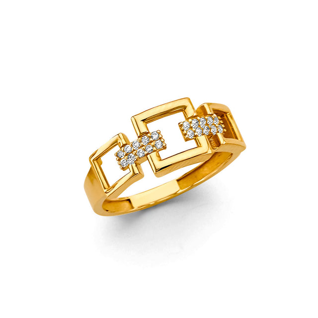 14K Yellow Gold Square Link Pave Cubic Zirconia Ring on White Background