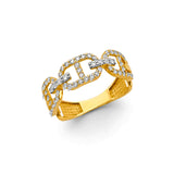 14K Yellow Gold Mariner Link Pave Cubic Zirconia Ring on White Background