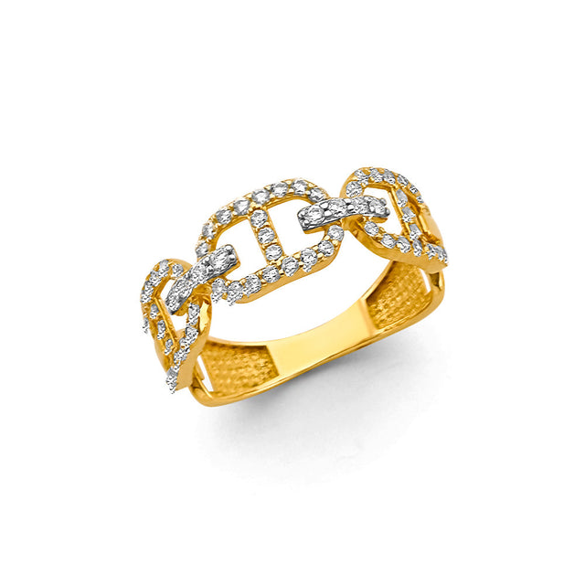 14K Yellow Gold Mariner Link Pave Cubic Zirconia Ring on White Background