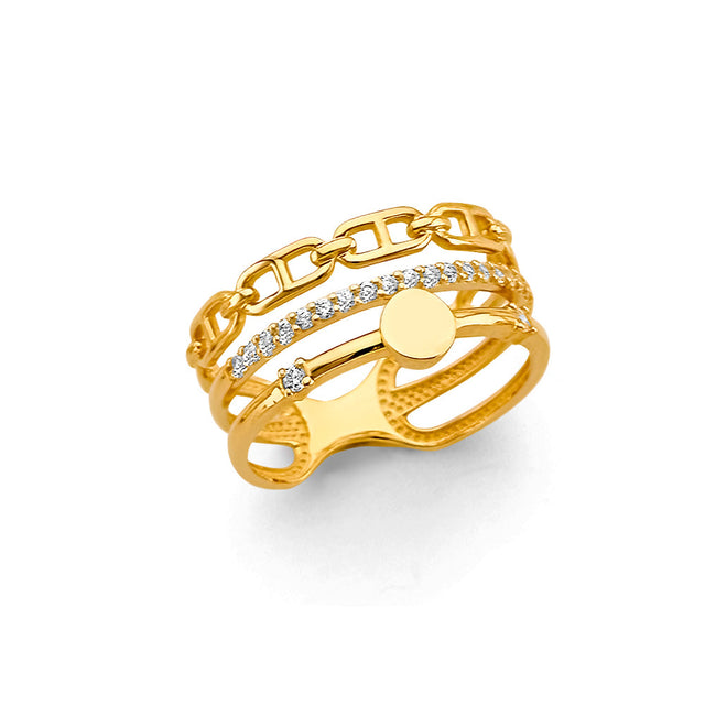 14K Yellow Gold Triple-Line Mariner Cubic Zirconia Ring on White Background
