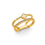 14K Yellow Gold Two-Line Clover Cubic Zirconia Ring on White Background