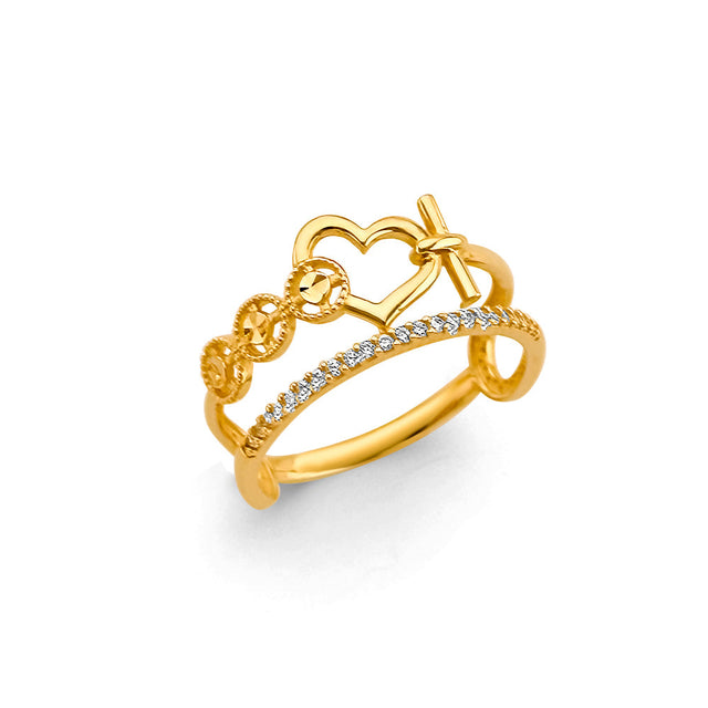 14K Yellow Gold Double-Row Crown Ring on White Background