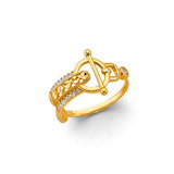 14K Yellow Gold Open Bow Ribbon Cubic Zirconia Ring on White Background