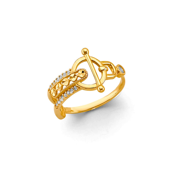 14K Yellow Gold Open Bow Ribbon Cubic Zirconia Ring on White Background
