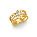 14K Yellow Gold Triple-Line Fancy Pave Ring on White Background