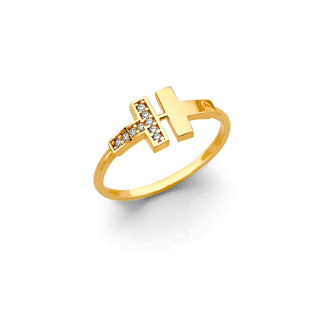 14K Yellow Gold Modern T-Bar Ring on White Background