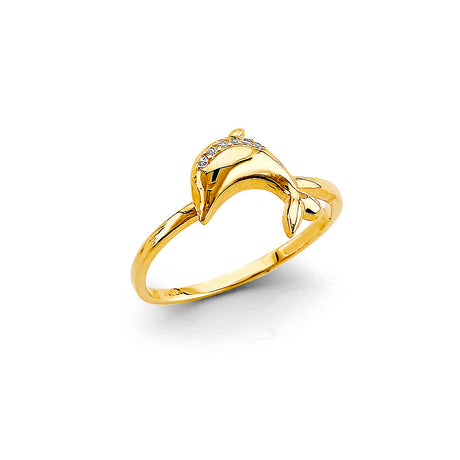 14K Yellow Gold Single Dolphin Ring on White Background