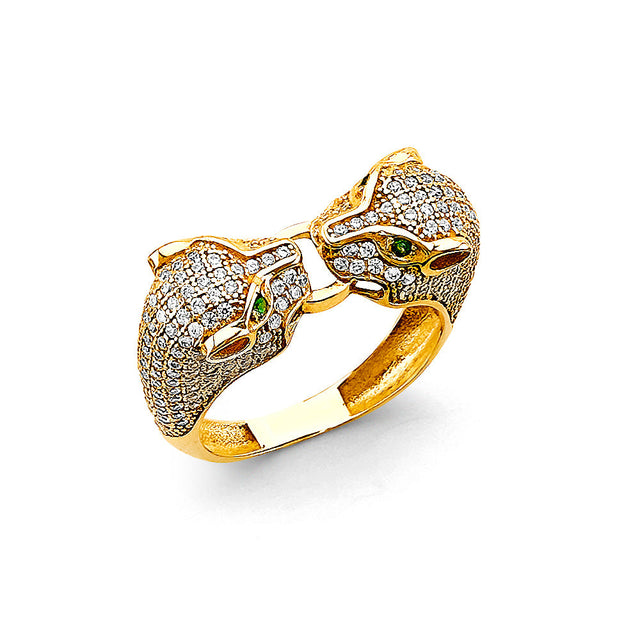 14K Two-Tone Gold Double Panther Ring on White Background