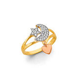 14K Tricolor Gold Star Moon and Dangling Heart Ring on White Background