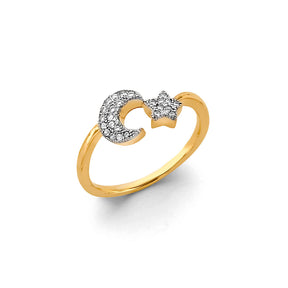 14K Two-Tone Gold Crescent Moon and Star Ring on White Background
