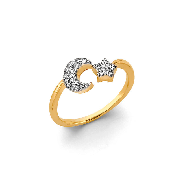 14K Two-Tone Gold Crescent Moon and Star Ring on White Background