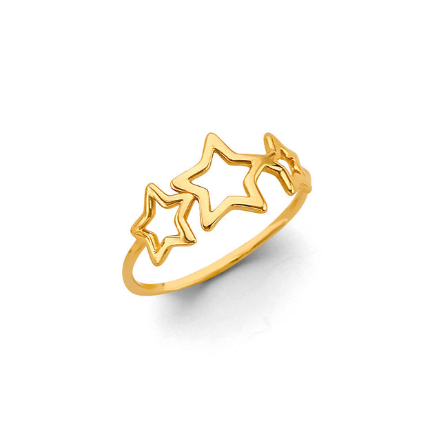 14K Yellow Gold Triple Star Ring on White Background