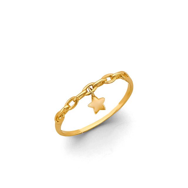 14K Yellow Gold Dangling Star Ring on White Background