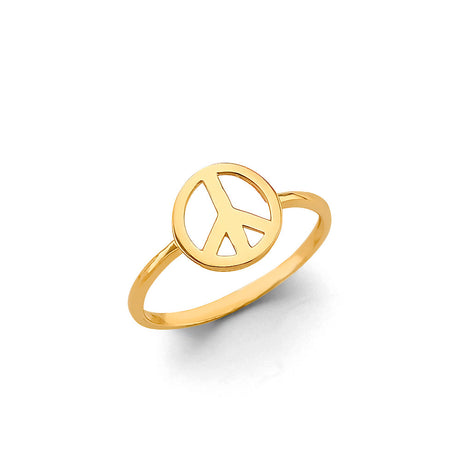 14K Yellow Gold Peace Sign Ring on White Background