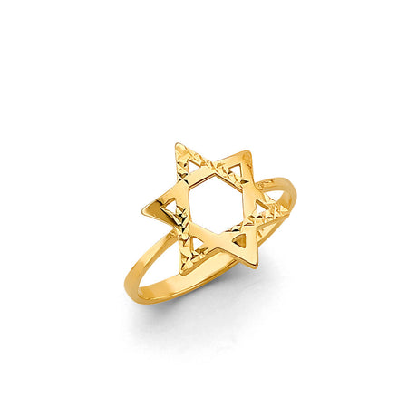 14K Yellow Gold Star of David Ring on White Background