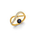 14K Yellow Gold Hanging Evil Eye Ring on White Background