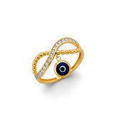 14K Yellow Gold Hanging Evil Eye Ring on White Background