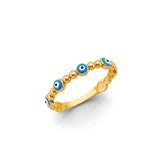 14K Yellow Gold Light Blue Evil Eye Eternity Ring on White Background