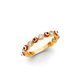 14K Yellow Gold Red Evil Eye Eternity Ring on White Background