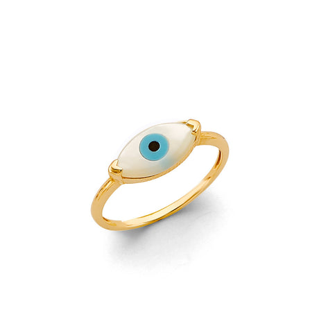 14K Yellow Gold Light Blue Evil Eye Ring on White Background